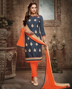 Grey Cotton Embroidered, Lace Border Chudidhar Suits