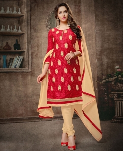 Red Cotton Embroidered, Lace Border Chudidhar Suits