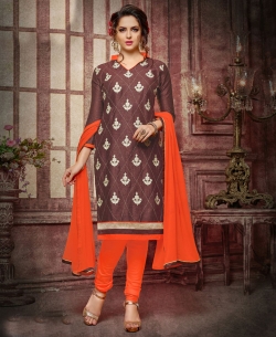 Brown Cotton Embroidered, Lace Border Chudidhar Suits