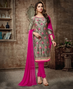 Grey Cotton Embroidered, Lace Border Chudidhar Suits
