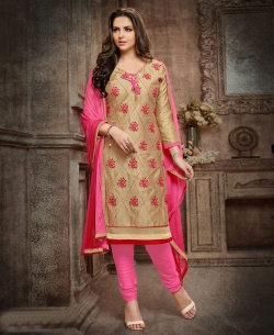 Beige Cotton Embroidered, Lace Border Chudidhar Suits