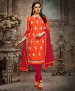 Orange Cotton Embroidered, Lace Border Chudidhar Suits