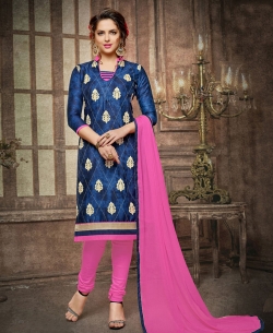 Blue Cotton Embroidered, Lace Border Chudidhar Suits