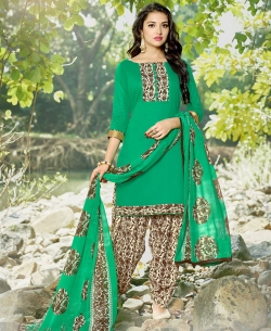 Green Cotton Lace Border Patiala Suits
