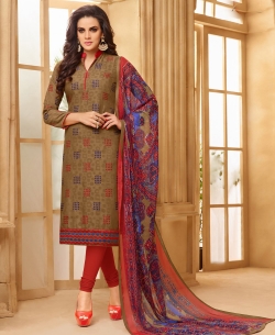 Brown Cotton Jacquard, Embroidered, Lace Border Chudidhar Suits
