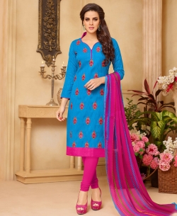 Blue Cotton Jacquard, Embroidered, Lace Border Chudidhar Suits