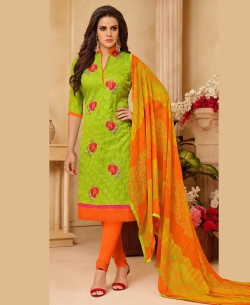 Green Cotton Jacquard, Embroidered, Lace Border Chudidhar Suits