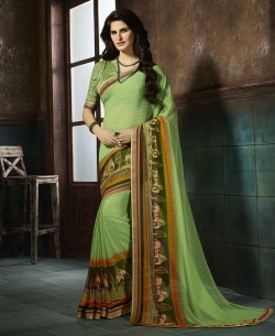 Green Georgette Printed, Lace Border Border Sarees