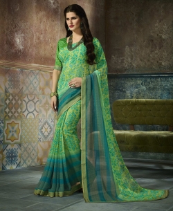 Green Georgette Printed, Lace Border Border Sarees