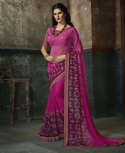 Pink Georgette Printed, Lace Border Border Sarees