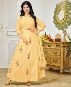 Yellow Cotton Floral Embroidered Anarkali Suits