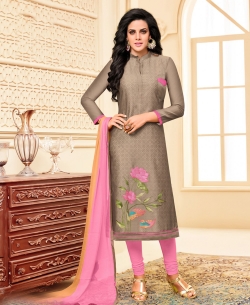 Grey Poly Silk Printed, Embroidered Straight Suits