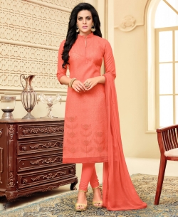 Peach Poly Silk Embroidered Straight Suits