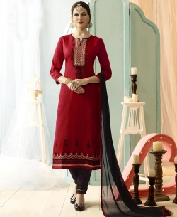 Red Cotton Floral Embroidered Straight Pant Suits