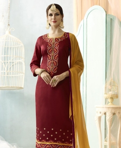 Maroon Cotton Floral Embroidered Straight Pant Suits