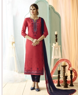 Pink Cotton Floral Embroidered Straight Pant Suits