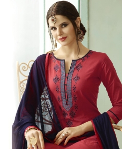 Pink Cotton Floral Embroidered Straight Pant Suits