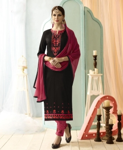 Black Cotton Floral Embroidered Straight Pant Suits