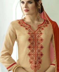 Beige Cotton Floral Embroidered Straight Pant Suits