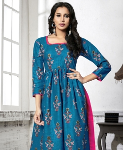 Blue Cotton Printed Anarkali Kurtis