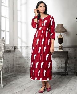 Maroon Cotton Printed Anarkali Kurtis