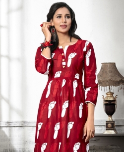 Maroon Cotton Printed Anarkali Kurtis