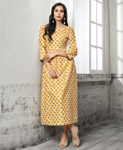 Mustard Cotton Printed Anarkali Kurtis