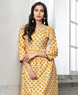 Mustard Cotton Printed Anarkali Kurtis