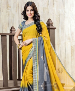 Yellow And Grey Chiffon Braso Printed, Lace Border Border Sarees