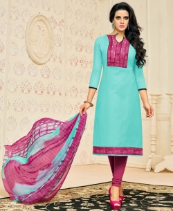 Blue Chanderi Cotton Printed Pattern Chudidhar Suits