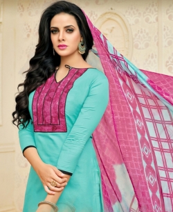Blue Chanderi Cotton Printed Pattern Chudidhar Suits