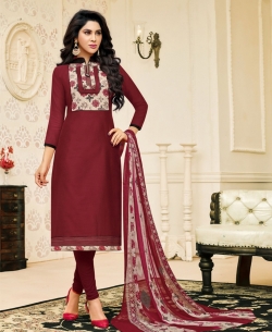 Maroon Chanderi Cotton Printed Pattern Chudidhar Suits