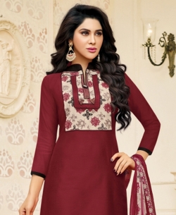 Maroon Chanderi Cotton Printed Pattern Chudidhar Suits