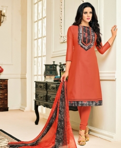 Orange Chanderi Cotton Printed Pattern Chudidhar Suits