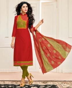 Red Chanderi Cotton Printed Pattern Chudidhar Suits