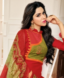 Red Chanderi Cotton Printed Pattern Chudidhar Suits