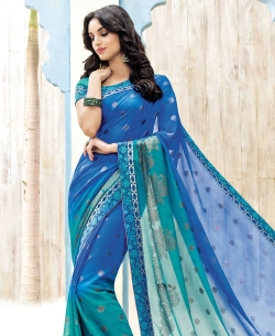 Blue And Green Chiffon Braso Printed, Lace Border Border Sarees