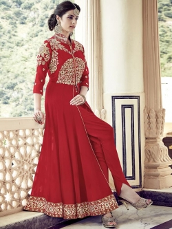 Red Georgette Zari Embroidered, Stone Work Anarkali Suits
