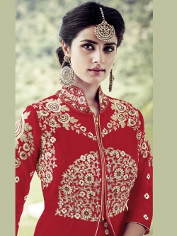Red Georgette Zari Embroidered, Stone Work Anarkali Suits