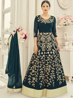 Green Georgette Embroidered, Stone Work, Fabric Border Anarkali Suits