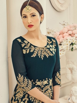 Green Georgette Embroidered, Stone Work, Fabric Border Anarkali Suits