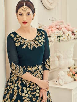Green Georgette Embroidered, Stone Work, Fabric Border Anarkali Suits