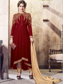 Maroon Folco Velvet Floral Embroidered Asymmetrical Suits