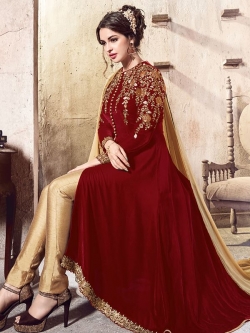 Maroon Folco Velvet Floral Embroidered Asymmetrical Suits