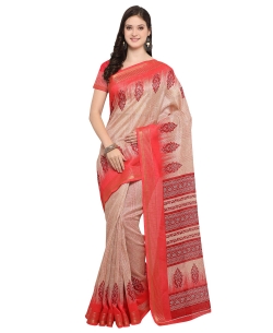 Cream And Red Cotton Geomatric Printed Regular Sarees