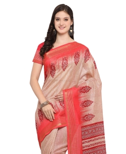 Cream And Red Cotton Geomatric Printed Regular Sarees