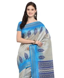 Cream And Blue Cotton Geomatric Printed Regular Sarees