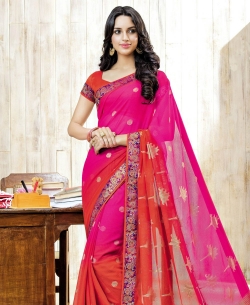 Pink And Orange Chiffon Braso Printed, Lace Border Border Sarees