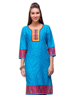 Blue Cotton Digital Printed Straight Cut Kurtis