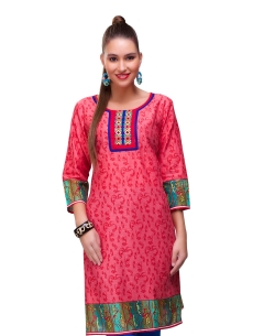 Pink Cotton Digital Printed Straight Cut Kurtis